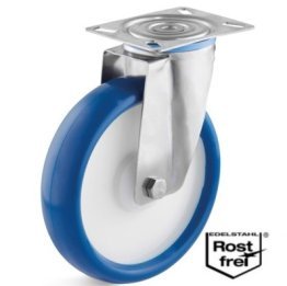 Roata poliuretan rigid, rulment si carcasa pivotanta din INOX, WLL=130 kg, D=100 mm