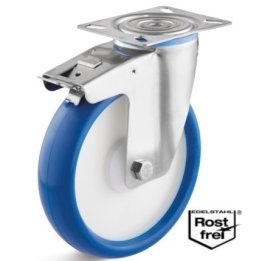 Roata poliuretan rigid, rulment si carcasa pivotanta cu frana INOX, WLL=130 kg, D=125 mm