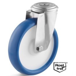 Roata poliuretan rigid, rulment si carcasa pivotanta cu alezaj INOX, WLL=130 kg, D=125 mm