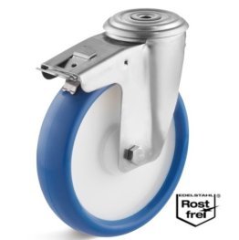 Roata poliuretan rigid, rulment si carcasa pivotanta cu frana si alezaj din INOX, WLL=270 kg, D=200 mm