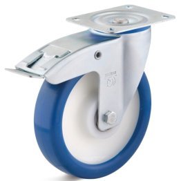 Roata poliuretan, rulmenti cu bila, carcasa pivotanta cu frana, WLL=225 kg, D=125 mm