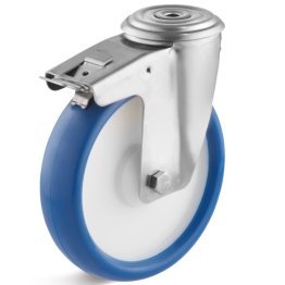 Roata poliuretan, rulment, carcasa pivotanta cu frana si alezaj, WLL=400 kg, D=200 mm