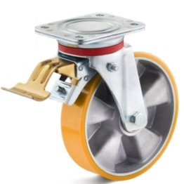 Roata poliuretan rigid, rulment cu bila, carcasa pivotanta cu frana HEAVY DUTY, WLL=800 kg, D=250 mm