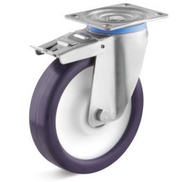 Roata poliuretan elastic, rulmenti cu bila, carcasa pivotanta cu frana, WLL=400 kg, D=200 mm