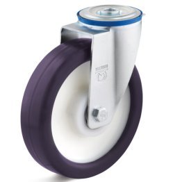 Roata poliuretan elastic, rulmenti cu bila, carcasa pivotanta si alezaj, WLL=200 kg, D=125 mm