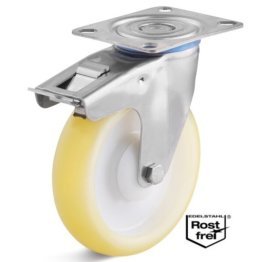 Roata poliuretan elastic, rulment si carcasa pivotanta cu frana INOX, WLL=80 kg, D=80 mm
