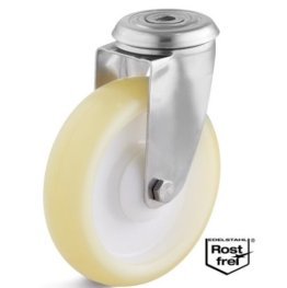 Roata poliuretan elastic, rulment si carcasa pivotanta cu alezaj INOX, WLL=80 kg, D=80 mm