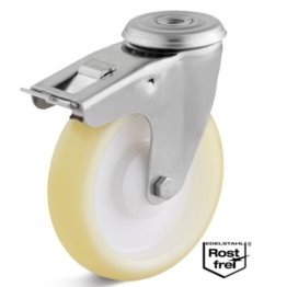 Roata poliuretan elastic, rulment si carcasa pivotanta cu frana si alezaj INOX, WLL=120 kg, D=100 mm