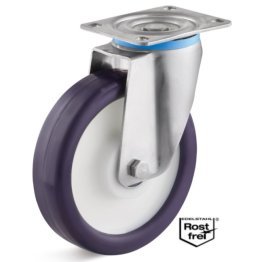 Roata poliuretan elastic, rulment si carcasa pivotana INOX, WLL=130 kg, D=80 mm