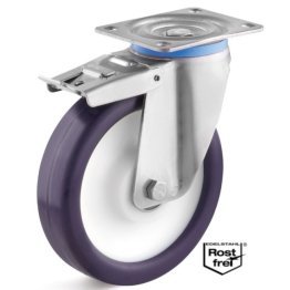 Roata poliuretan elastic, rulment si carcasa pivotanta cu frana INOX, WLL=450 kg, D=200 mm