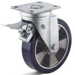 Roata poliuretan elastic, carcasa pivotanta cu frana, HAVY DUTY WLL=300 kg, D=125 mm