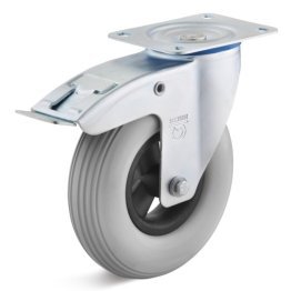 Roata poliuretan expandat, janta polimer, rulment cu bila si role, carcasa pivotanta cu frana, WLL=100 kg, D=200 mm