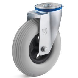 Roata poliuretan elastic expandat, rulment bila si role, carcasa pivotanta cu alezaj, WLL=75 kg, D=125 mm