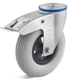 Roata poliuretan expandat, rulment bila si role, carcasa pivotanta, frana si alezaj, WLL=100 kg, D=200 mm