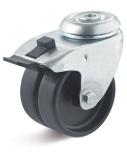 Roata poliamida dubla, carcasa pivotanta cu frana si alezaj, WLL=80 kg, D=50 mm