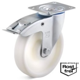 Roata poliamida, rulment si carcasa pivotanta cu frana INOX, WLL=300 kg, D=100 mm