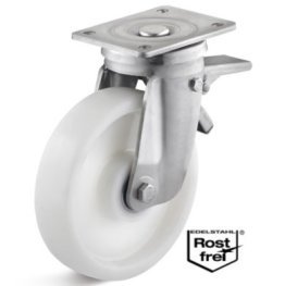 Roata poliamida, rulment si carcasa pivotanta cu frana INOX, WLL=1000 kg, D=200 mm