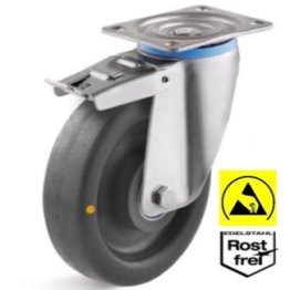 Roata ESD poliamida, rulment si carcasa pivotanta cu frana INOX, WLL=300 kg, D=100 mm