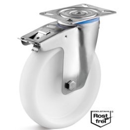 Roata polipropilena, rulment si carcasa pivotanta cu frana INOX, WLL=300 kg, D=200 mm