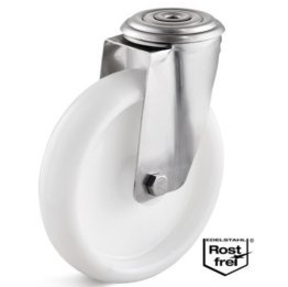 Roata polipropilena, rulment si carcasa pivotanta cu alezaj INOX, WLL=130 kg, D=100 mm