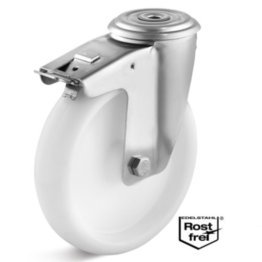 Roata polipropilena, rulment si carcasa pivotanta cu frana si alezaj INOX, WLL=300 kg, D=200 mm