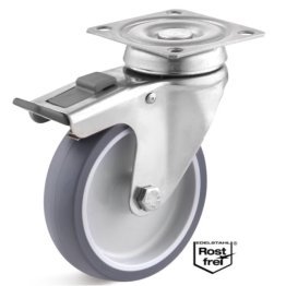 Roata termoplast cu lagar alunecare, carcasa pivotanta cu frana INOX, WLL=60 kg, D=75 mm