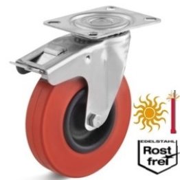 Roata cauciuc termorezistent, carcasa pivotanta cu frana INOX, WLL=100 kg, D=125 mm