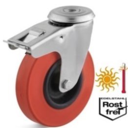 Roata cauciuc termorezistent, carcasa pivotanta cu frana si alezaj INOX, WLL=80 kg, D=125 mm