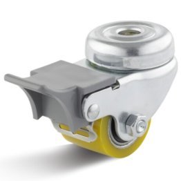 Roata utilaj din poliuretan, carcasa pivotanta cu frana si alezaj, WLL=100kg, D=35mm