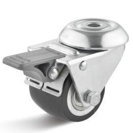 Roata showbiz din poliuretan, carcasa pivotanta cu frana si alezaj, WLL=100 kg, D=33 mm