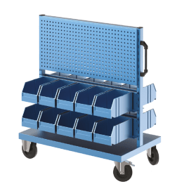 Stand mobil depozitare cu 20 cutii plastic pe 4 rafturi si 2 panouri perforate 1000x600x1160mm