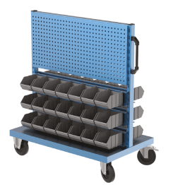 Stand mobil depozitare cu 42 cutii plastic pe 6 rafturi si 2 panouri perforate 1000x600x1160mm