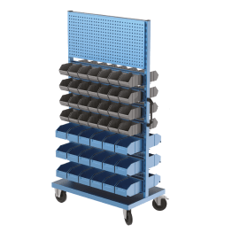Stand mobil depozitare cu 92 cutii plastic pe 14 rafturi si 2 panouri perforate 1000x600x1960mm