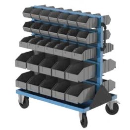 Stand mobil depozitare cu 62 cutii plastic pe 10 rafturi 1000x600x1160mm