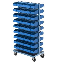 Stand mobil depozitare cu 108 cutii plastic pe 18 rafturi 1000x600x1960mm
