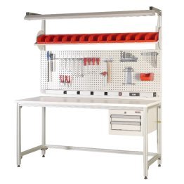 Banc de lucru profil aluminiu cu 2 sertare si panou scule cu 14 cutii 1700x650x850mm