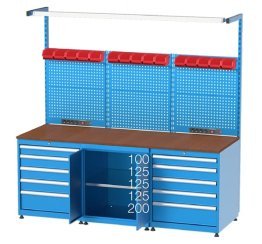 Banc de lucru cu instalatie electrica cu 10 sertare, 1 dulap si 15 cutii 2200x750x850mm