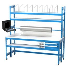 Banc de lucru impachetare cu 2 sertare, 3 rafturi, bara rla si consola laptop 2100x900x2000mm