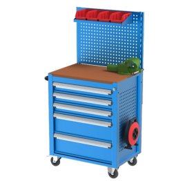 Carucior cu 5 sertare, menghina, extensie de cablu si panou perforat 730x500x960 mm