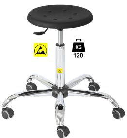 Taburet ESD seria STOOL Standard poliuretan WLL=120kg H=510-695mm, cu roti din cauciuc cu frana la asezare si suport