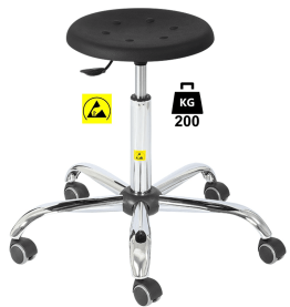 Taburet ESD seria STOOL Heavy Duty poliuretan WLL=200kg H=510-695mm, cu roti din cauciuc cu frana la ridicare si suport