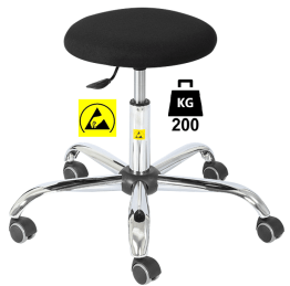 Taburet ESD STOOL Heavy Duty cu husa textila WLL=200kg H=455-575mm negru premium, cu roti din cauciuc cu frana la asezare