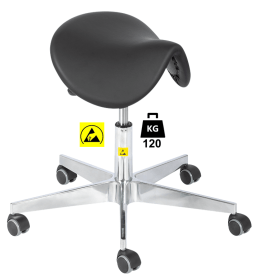 Taburet ESD seria SADDLE Standard poliuretan WLL=120kg H=450-570mm, cu roti din cauciuc cu frana la ridicare si suport