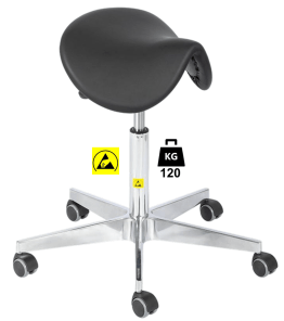 Taburet ESD seria SADDLE Standard poliuretan WLL=120kg H=530-710mm, cu roti din cauciuc cu frana la asezare