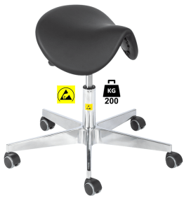 Taburet ESD seria SADDLE Heavy Duty poliuretan WLL=200kg H=450-570mm, cu roti din cauciuc cu frana la asezare si suport