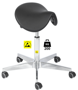 Taburet ESD seria SADDLE Heavy Duty poliuretan WLL=200kg H=530-710mm, cu roti din cauciuc cu frana la ridicare si suport