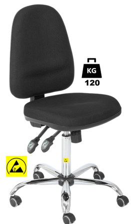 Scaun ESD cu husa textila COMFORT Standard WLL=120kg H=580-770mm negru premium, cu roti din cauciuc cu frana la asezare