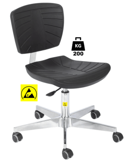 Scaun ESD seria POLYURETHAN COMFORT Heavy Duty WLL=200kg H=430-560mm, cu roti din cauciuc fara frana si suport