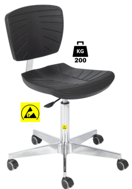 Scaun ESD seria POLYURETHAN COMFORT Heavy Duty WLL=200kg H=510-700mm, cu roti din cauciuc cu frana la asezare si suport