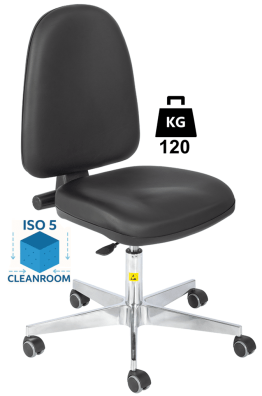 Scaun Clean-Room BASIC husa vinil WLL=120kg H=455-585mm cu roti din cauciuc cu frana la ridicare